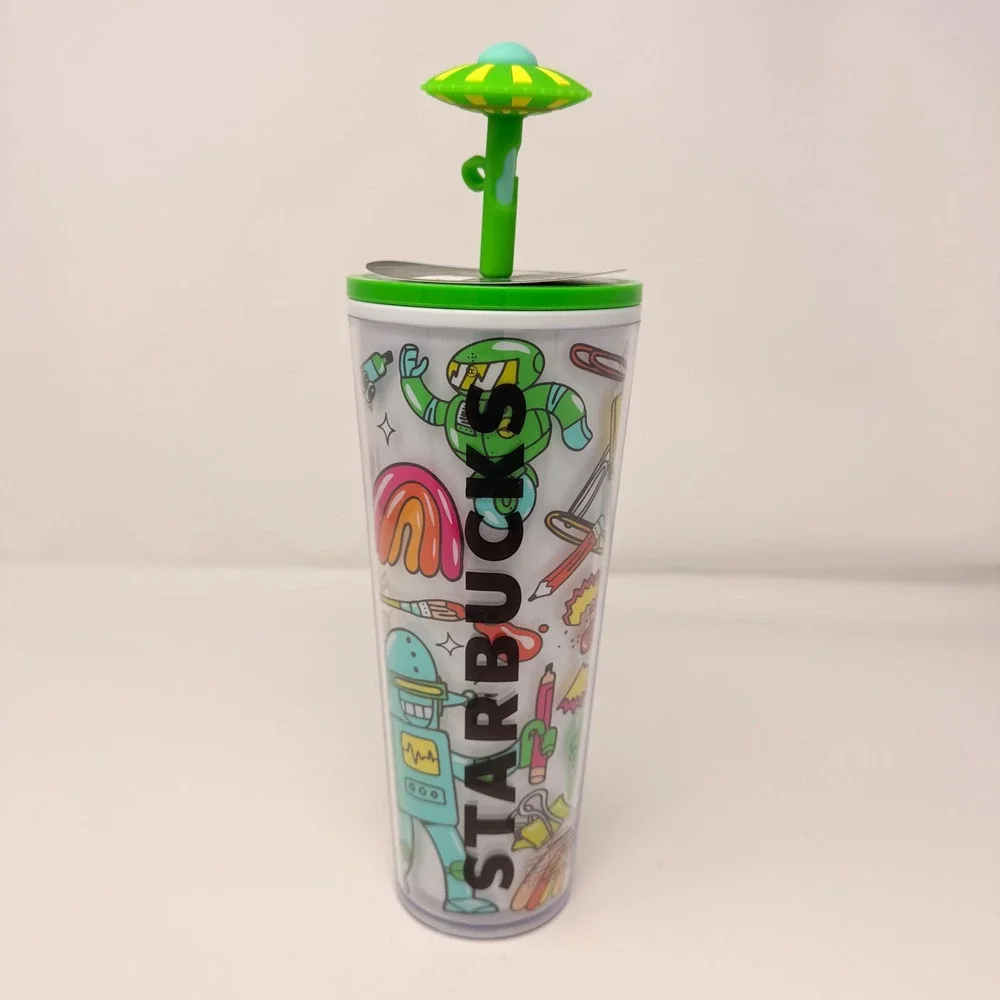 Starbucks Mexico 2024 Doodle Vibe Robot‎ Tumbler 24oz Venti UFO Straw Topper NWT